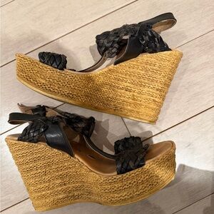 Woven Black Leather Platform Wedge Sandals